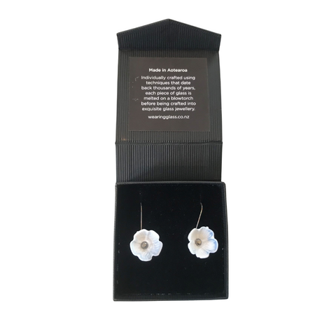 Wearing Glass Camellia Earrings