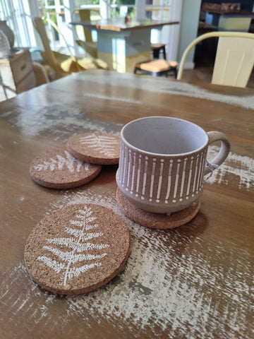 Cork Coasters - white fern design